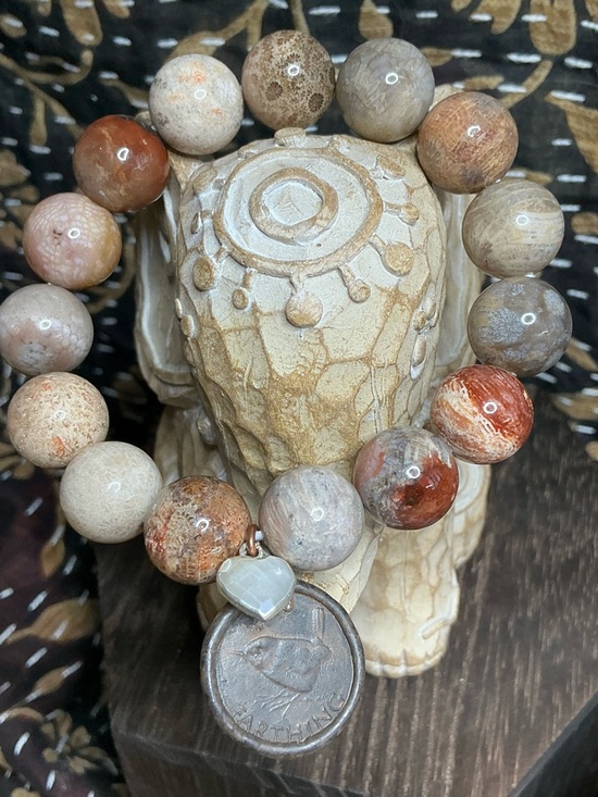 Jewelry - Coral Jade 13mm with Rustic Bird Coin and Moonstone Heart